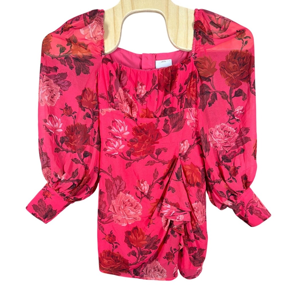 C/MEO COLLECTIVE Pink Floral Rose Puff Sleeve Ruffle Mini Dress Womens Size S 4
